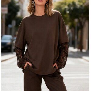 Casual Lace Long Sleeve Suitable For Daily Wear T-Shirt in Chocolate Brown